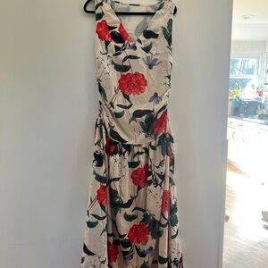 Sleeveless Ivory Maxi Dress with Red Floral Print